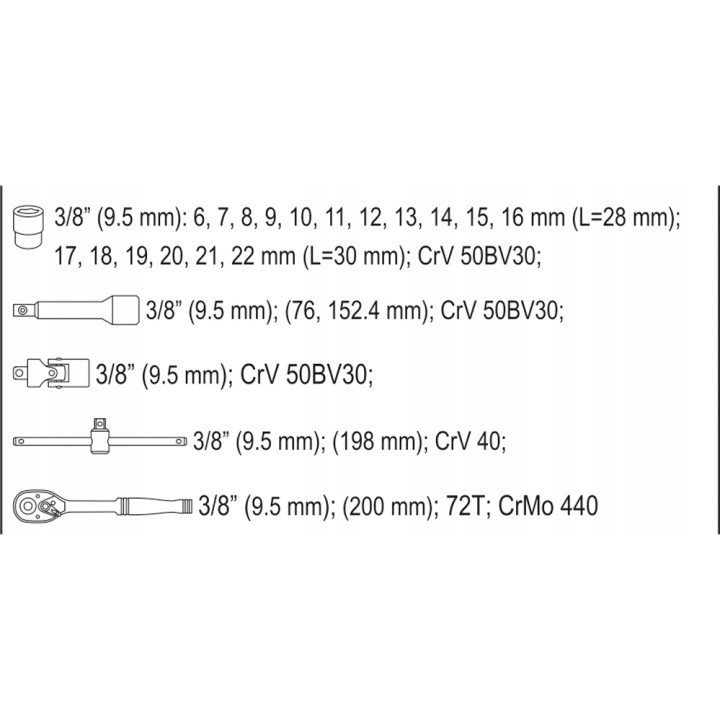 YATO ZESTAW NARZĘDZIOWY 3/8" 22CZ. XS