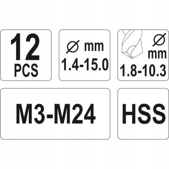 YATO WYKRĘTAKI DO ZERWANYCH ŚRUB I WIERTŁA HSS DO METALU, KPL. 12 SZT.