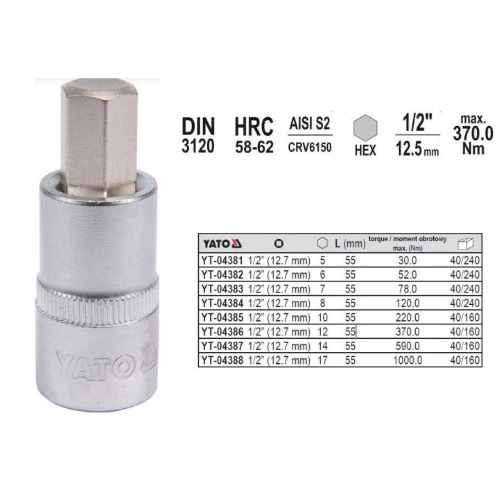 YATO KLUCZ TRZPIENIOWY HEX 1/2" 7MM L55MM
