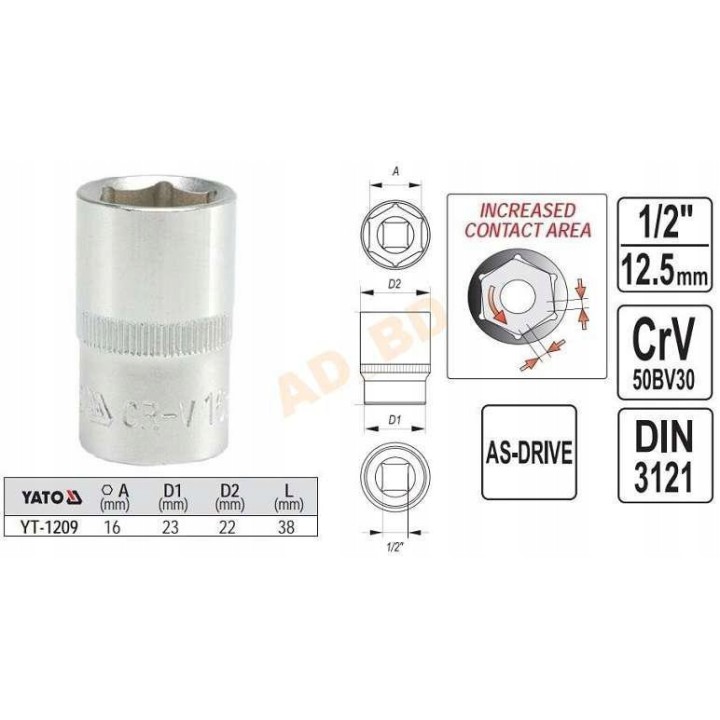 Nasadka sześciokątna 16 mm krótka CrV 1/2'' YT-1209 YATO