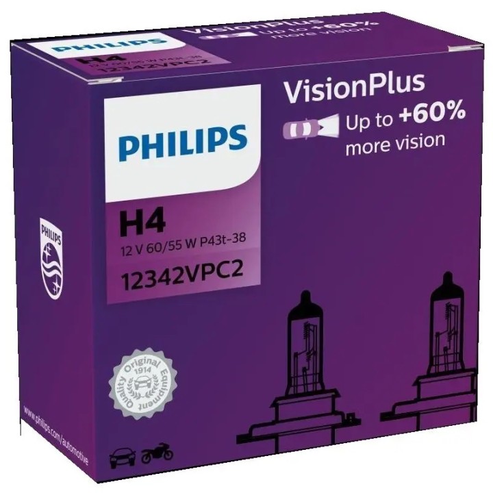 PHILIPS ŻARÓWKA H4 12V/60/55W P43T-38 +60% PHILIPS VISIONPLUS KPL 2 SZT.
