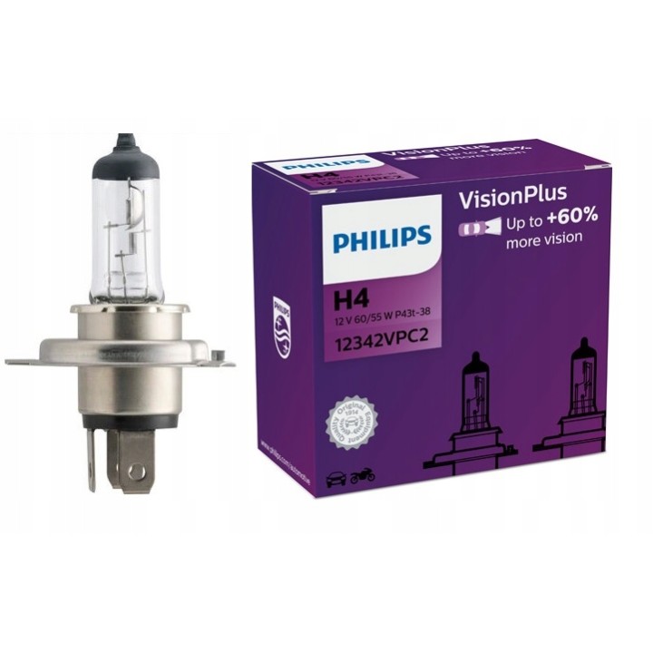 PHILIPS ŻARÓWKA H4 12V/60/55W P43T-38 +60% PHILIPS VISIONPLUS KPL 2 SZT.
