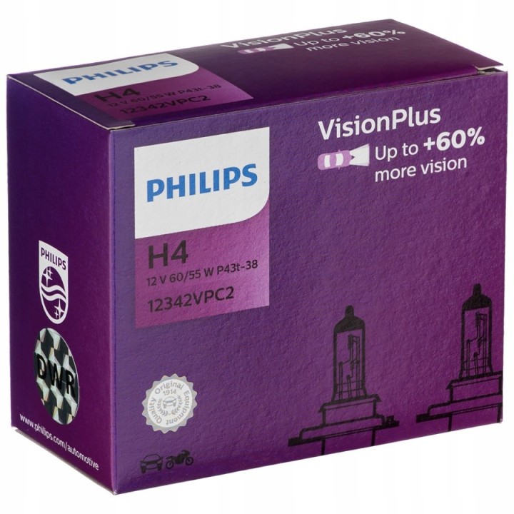 PHILIPS ŻARÓWKA H4 12V/60/55W P43T-38 +60% PHILIPS VISIONPLUS KPL 2 SZT.