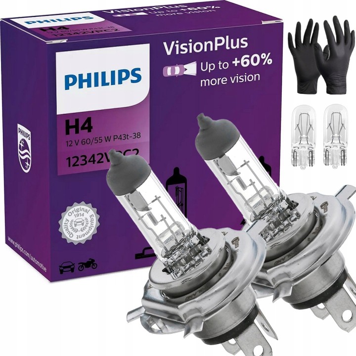 PHILIPS ŻARÓWKA H4 12V/60/55W P43T-38 +60% PHILIPS VISIONPLUS KPL 2 SZT.