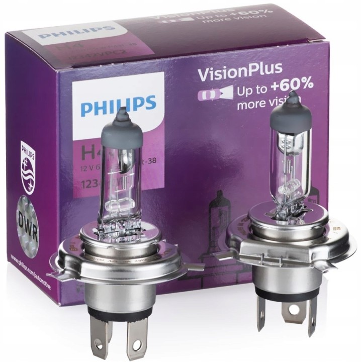 PHILIPS ŻARÓWKA H4 12V/60/55W P43T-38 +60% PHILIPS VISIONPLUS KPL 2 SZT.